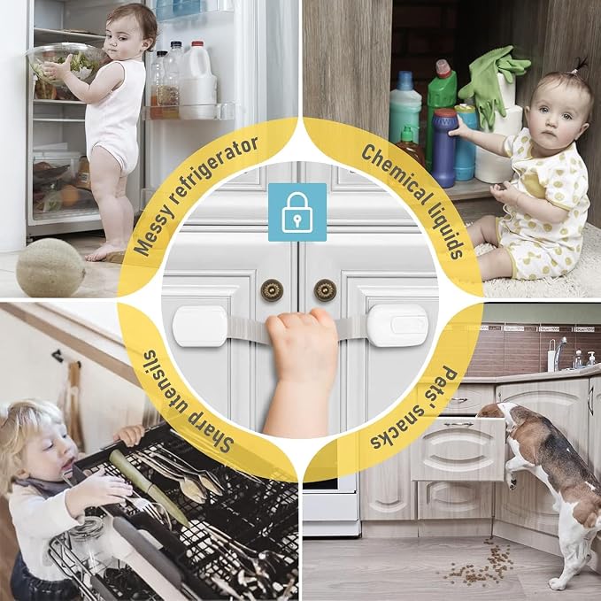 Swekid Child Safety Cabinet Locks (8-pack) Baby Profing - Safe Quick and Easy 3M Adhesive - Adjustable Cabinet Drawer Door Latches for Furniture Fridge Ovens Toilet Seats, No Drilling Required