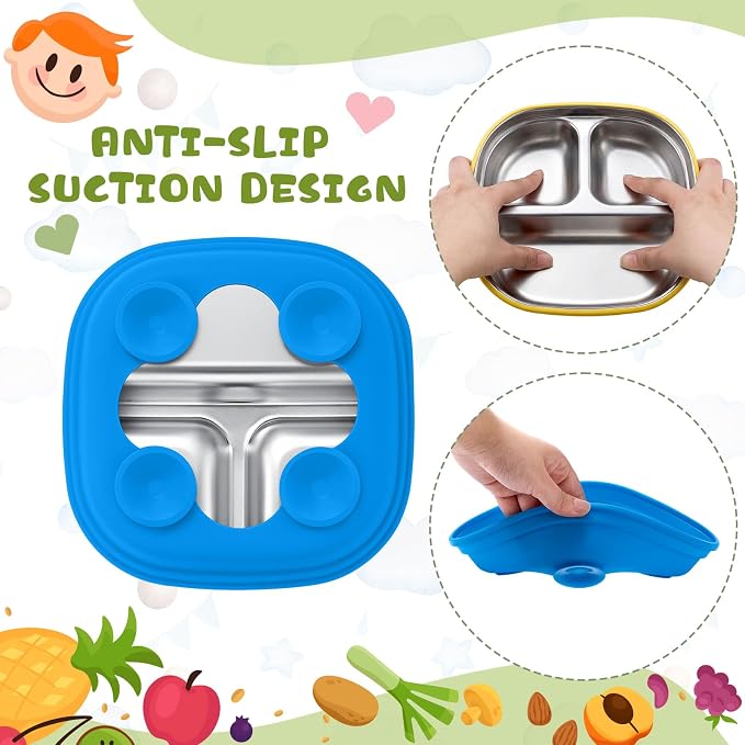Geiserailie Square Stainless Steel Toddler Plates with Suction – 7.68” Divided Plates with Removable BPA-Free Silicone Sleeves, Unbreakable Baby Feeding Dishes Set of 4(Bright Colors)