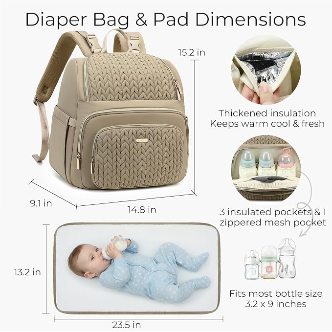 MAPLELILY Diaper Bag Backpack with Changing Pad, Quilted Large Baby Bag for Mom and Dad, Travel Backpack Diaper Bag with Insulated Pockets & Stroller Straps, Hospital Maternity Registry, Brown