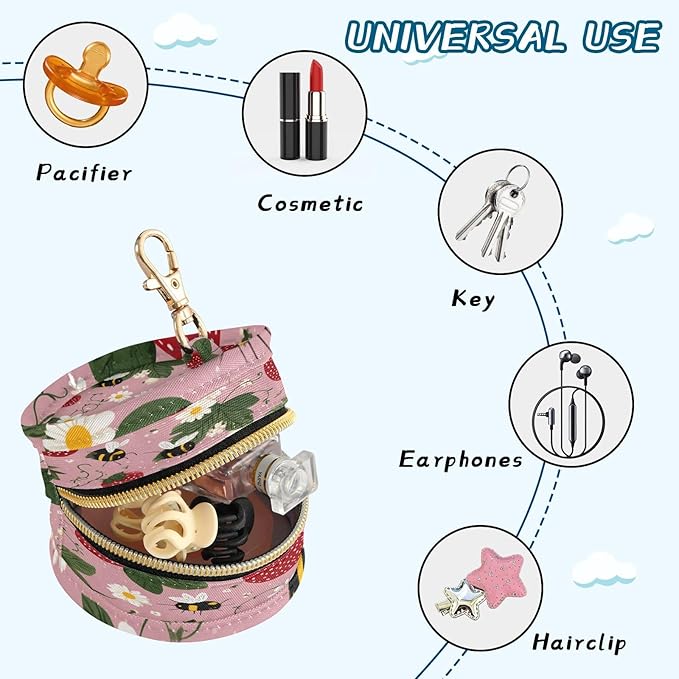 Pacifier Holder with Clip Pacifier Case for Diaper Bag Round Baby Pacifier Pouch Box Bag Portable Pink Bees Flowers Strawberry