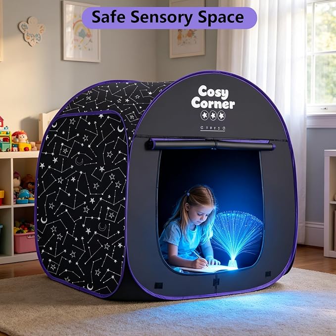 Sensory Tent for Kids Blackout Pop Up Play Tent for Relax & Claming Down, Clam Corner with Fiber Optic Lamp & Glow in The Dark Blanket for Children Ages 3 Years & up