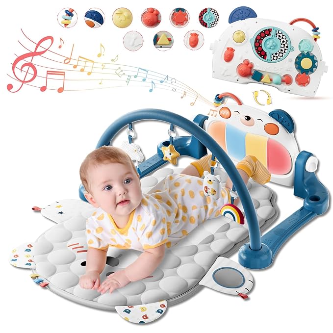 Baby Play Gym Mat, Kick and Play Piano Mat for Babies, Infant Tummy Time Activity Playmat with 5 Detachable Toys, Easy to Install & Clean