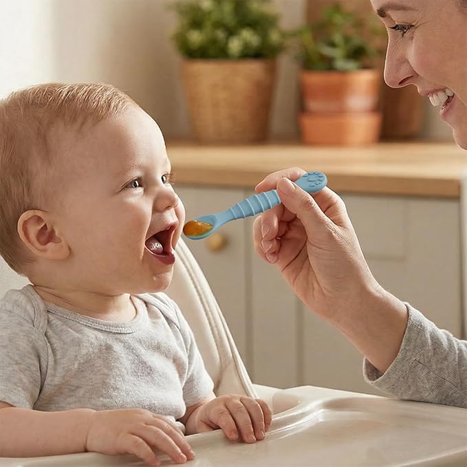5 Pack Baby Spoons First Stage Feeding - Soft Silicone Self Feeding Training Utensils for Infant & Toddler - BPA Free BLW Weaning Supplies with Choke Guard - Dishwasher Safe Gentle on Gums