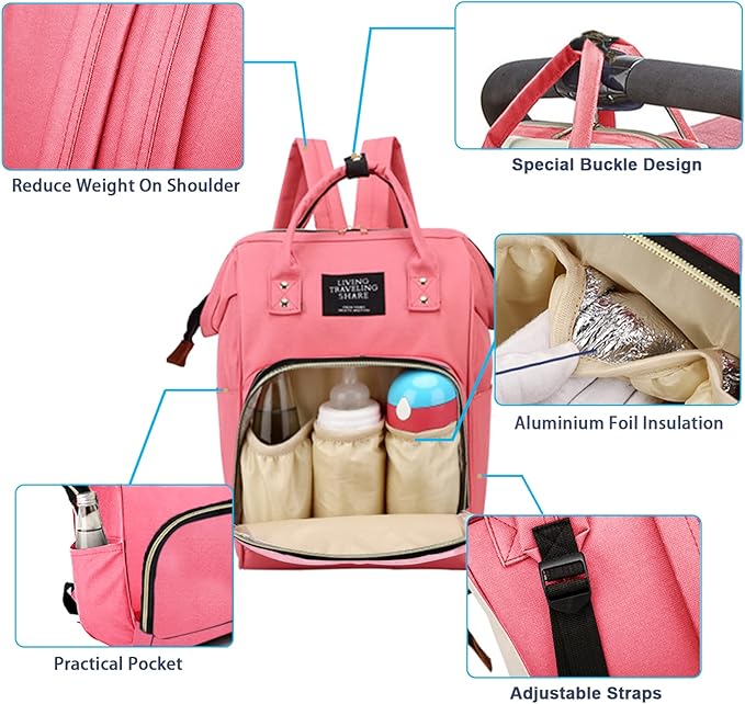 Timberer Diaper Bag with Organizing Pouches, Nappy Bags Handbag Multifunction Diaper Bag for Baby Care Travel Backpack Large Capacity Rose