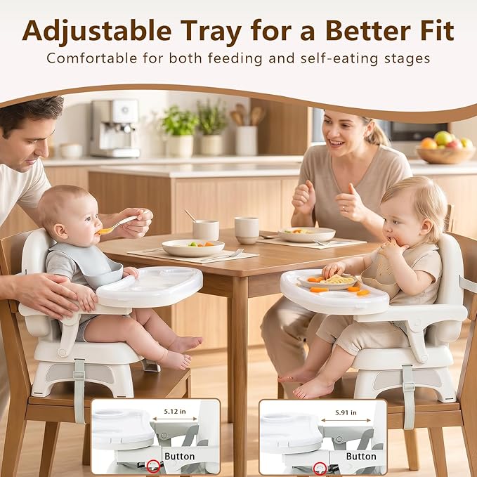 Booster Seat for Kitchen Chair, 3-in-1 Foldable & Portable Booster Seat with Tray, Extra Dishwasher-Safe Tray, Safety Straps for 6??8M (Up to 30 lbs), for Dining Table & Travel, Green