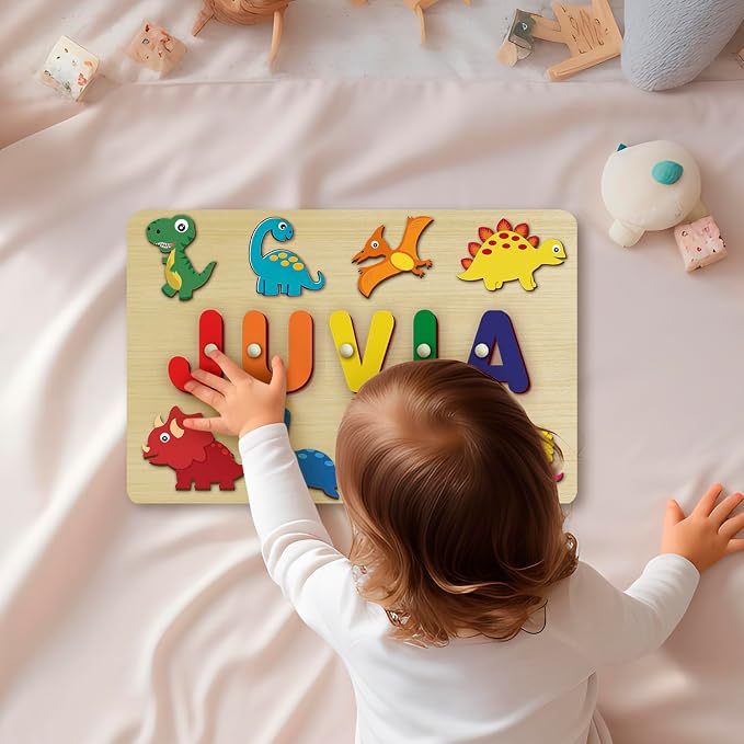 Custom Name Puzzles for Toddlers 1-3 - Name Puzzle for Kids, Personalized Wooden Animal Puzzle, Baby Gifts, Baby Shower, Christmas, Newbaby Gift, Gifts for 1 2 3 Years Old (Dinosaur-01)