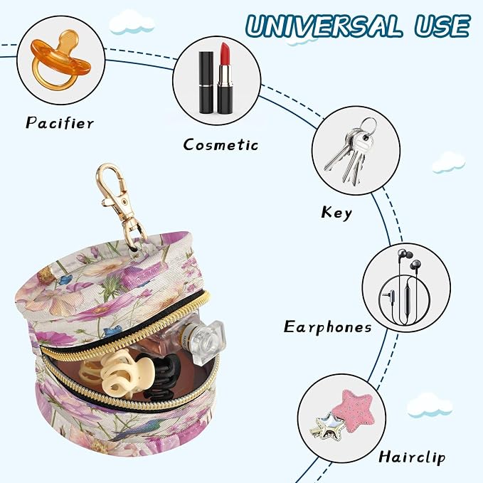 Pacifier Holder with Clip Pacifier Case for Diaper Bag Round Baby Pacifier Pouch Box Bag Portable Spring Wildflower Hummingbirds Beige