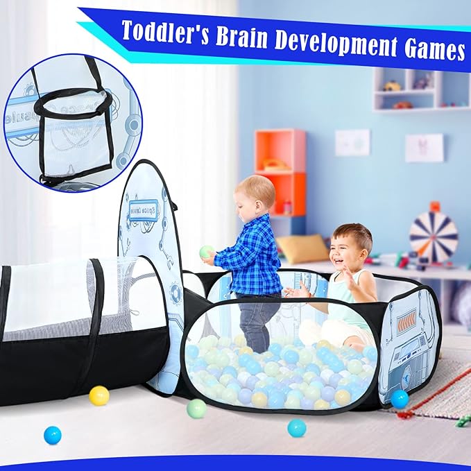3pc Kids Play Tent for Girls with Ball Pit, Crawl Tunnel, Princess Tents for Toddlers, Baby Space World Playhouse Toys (3PC White Rocket Play Tent)