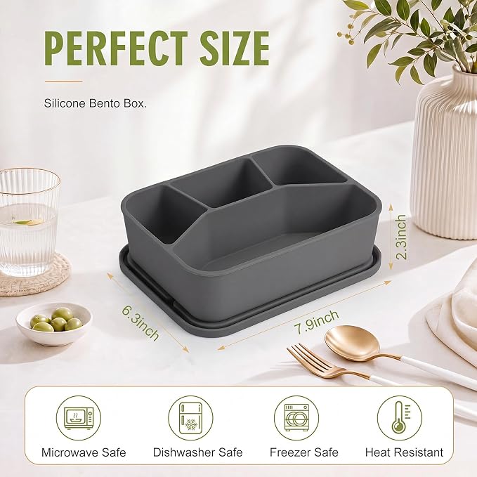 Ziliny 4 Pcs Silicone Bento Box Reusable Lunch Container Smooth Leak Proof Lunch Box Rectangle Bento Boxes for Adult Work Travel Food Meal Compartment Storage (Modern Monochrome)