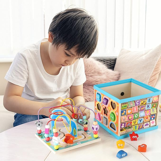 Qilay Wooden Activity Cube for Toddlers (Large), 5 in 1 Multipurpose ABC-123 Abacus Bead Maze Shape Sorter | Early Educational Toy for Toddlers - First Birthday Present for Boys Girls