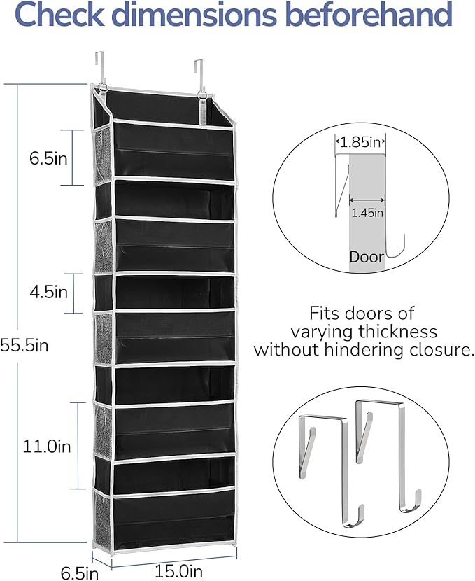 ULG 1 Pack Over The Door Organizer ??5 Shelf Door Organizer Hanging & 10 Side Pockets, Reinforced 44LB Capacity Hanging Organizer, Behind The Door Storage for Bedroom, Nursery, Pantry (Black)