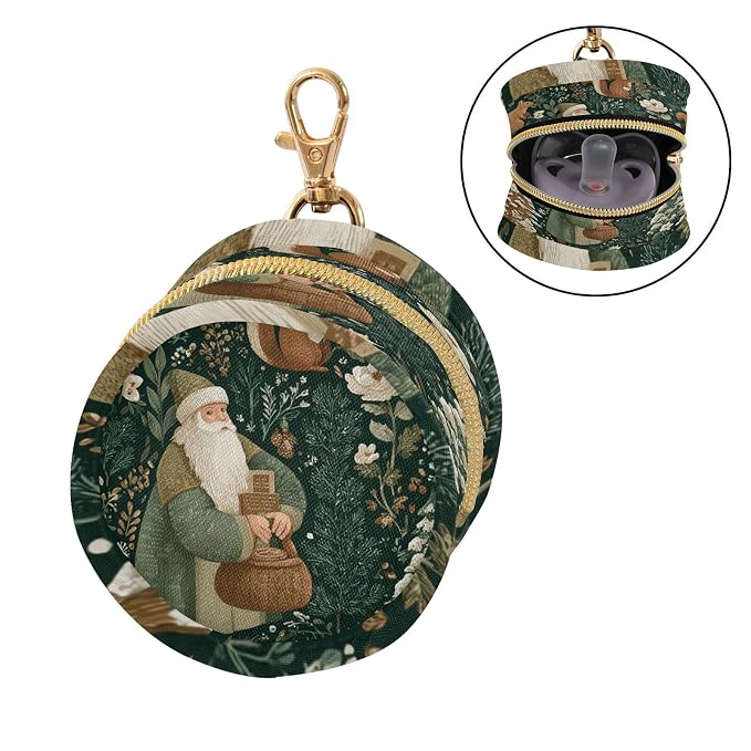 Pacifier Holder with Clip Pacifier Case for Diaper Bag Round Baby Pacifier Pouch Box Bag Portable Green Santa Claus with Squirrels and Branches