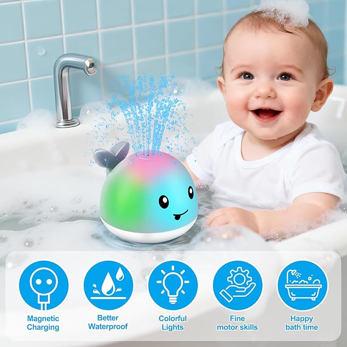 Gigilli Baby Bath Toys, Magnetic Rechargeable Bath Toys for Kids Ages 1-3, Toddler Bathtub Pool Water Table Toys Sprinkler, 1 Year Old Boy Girl Gifts, Light Up Whale Bath Toy for Babies 6-12-18 Months