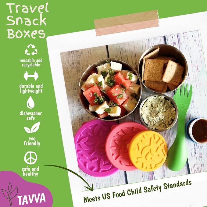 TAVVA Stainless Steel Snack Containers for Kids [12oz/ 7oz/ 3oz] - Leakproof with Silicone Lids, Lunch Box for Kids, Metal Lunchbox for School, Office, Home Food Storage, Dishwasher & Freezer Safe