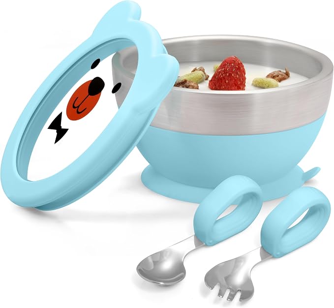 MR. CHOU Suction Baby Bowl Set with Spoon & Fork, Double-Wall 18/8 Stainless Steel Toddler Bowls with BPA Free Airtight Lids, Food Grade Infant Self-Feeding Bowl, First Stage Led Weaning Supplies Blue