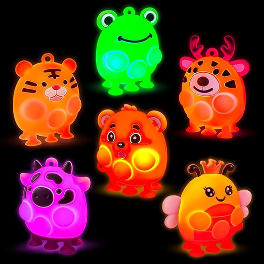 ChildFun 6PCS Light Up Animal Suction Popper Fidget Toys, Baby Bath Toys, Travel Airplane Road Trip Car Activities for Toddlers, No Hole Bath Toys, Sensory Toys for Kids with Autism