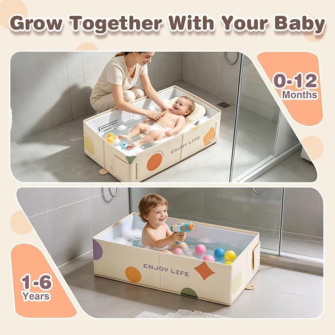 Toddler Bath Tub for Shower, Foldable Baby Bathtub, Portable Kids Bathtub & Collapsible Bathtub for Toddlers 1-8, Infant Newborn, Travel Baby Bath, Bañera para Bebé, White Dot