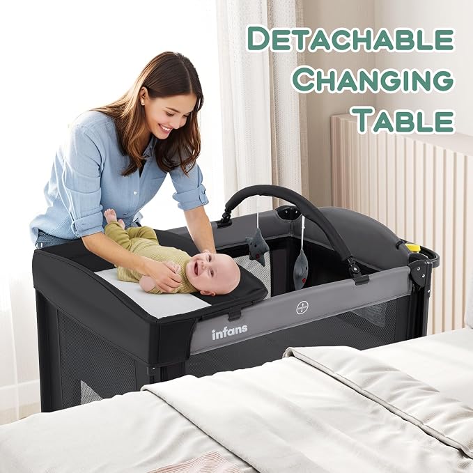INFANS Baby Bassinet, 4 in 1 Pack and Play Baby Playard with Changing Table, Mosquito Net, Storage Basket, Travel Bag for Newborn 0-36 Months (Black)