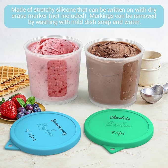 SOPHICO Ice Cream Pint Containers with Silicone Lids, Freezer Food Storage Tubs for Homemade IceCream, Meal Prep, Yogurt and Soup, Airtight & Dishwasher Safe (MEDIUM, 4 Pack)