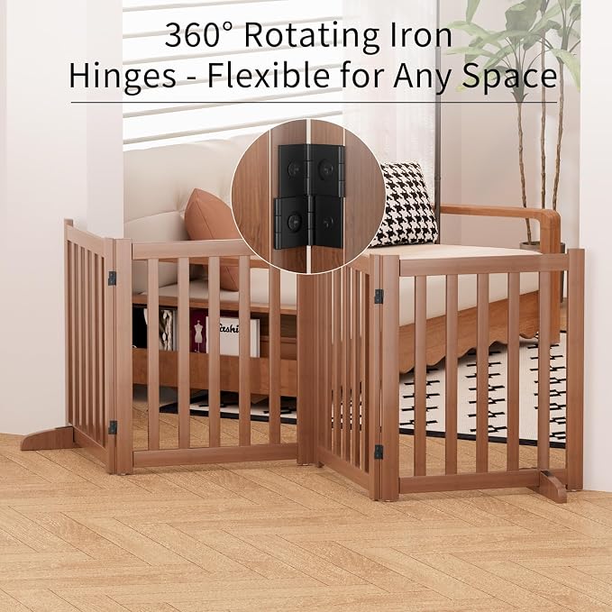 Wooden Freestanding Foldable Dog Gate, 24 Inch Height 4 Panel Pet Gate No Drill for Doorways Stairs, Fully Assembled Indoor Puppy Fence (Teak Color, 80" W x 24" H)