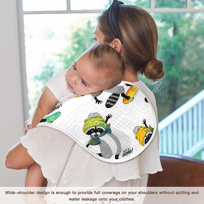 Raccoon and Skateboard Pattern Muslin Burp Cloths for Baby 1 Pack 100% Cotton Baby Washcloths Bibs for Boy Girl