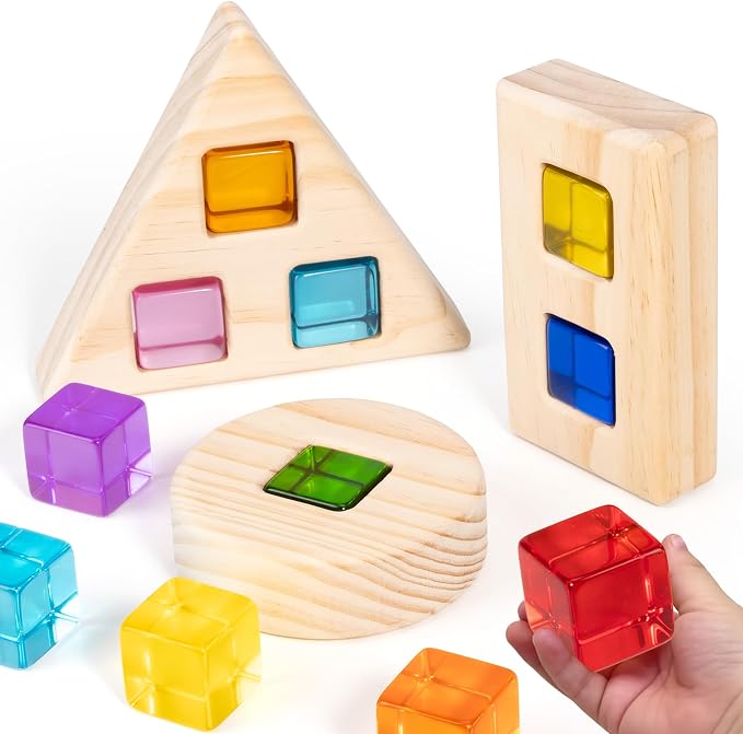 Woodtoe Large Rainbow Building Blocks for Toddlers 1-3, 16 PCS Jumbo Gem Blocks & 3 Wooden Shapes, Montessori Toys for 1 2 3 Year Old Boy Girl, Acrylic Stacking Toy Set, 1 2 Year Old Birthday Gifts