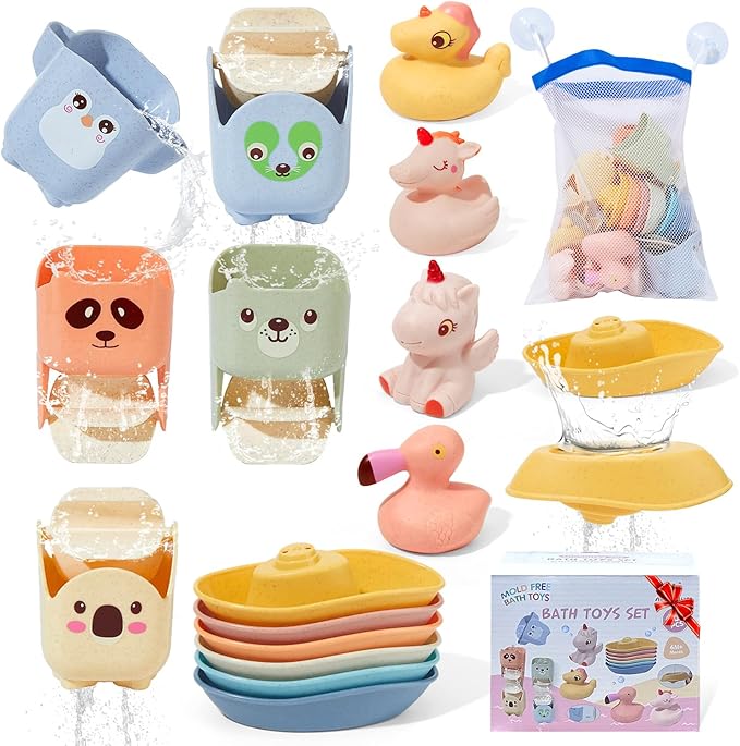 Mold Free Bath Toys, 15PCS | Safe Fun & Easy Clean Floating Boats & Rotating Waterfall Cups & Sealed with No Holes Floating Tub Toy and Mesh Bag for Babies 18+ Months | Bathtub Pool Water Toddler Toys