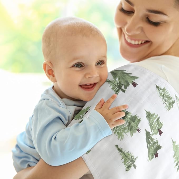 LifeTree Muslin Baby Burp Cloths - Soft 2 Pack Viscose from Bamboo Cotton Large 22'' by 10.6'' Absorbent Milk Spit Up Rags - Burping Cloths for Newborn, Girls Boys, Woodland Animals & Pine Tree