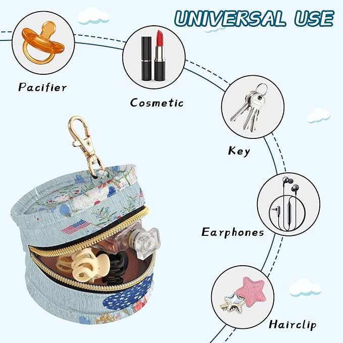 Pacifier Holder with Clip Pacifier Case for Diaper Bag Round Baby Pacifier Pouch Box Bag Portable Blue Patriotic Flowers Flag