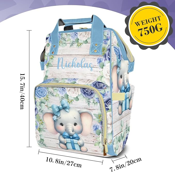 Cute Elephant Large Personalized Diaper Bag Backpack for Baby Boy with Name, Thermal Pockets, Waterproof Custom Baby Bags for Boys, Multi-functional Customized Nappy Bag Mom Travel Daypack