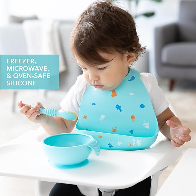 Bumkins Silicone Baby Feeding Set with Suction, Includes Spoon and Lid, Essential for Baby Led Weaning, Blue