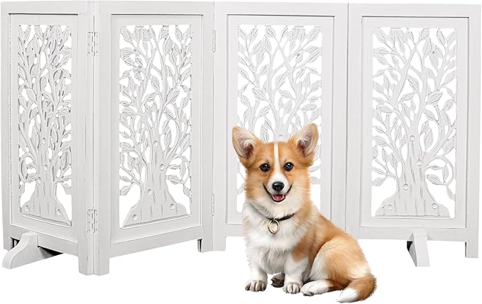 Decorative Wooden Dog Gate, 4 Panel Free Standing Folding Pet Fence, 56x28 Inch Indoor Dog Barrier for Doorway or Hallway, Sadie Design, White Antique