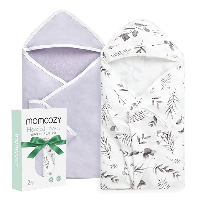 Momcozy Baby Hooded Towel-Made from Cotton, Suitable for Newborn Shower Gifts, 2 Count (Pack of 1), 28 X 28 Inch, Ink Wash Leaves