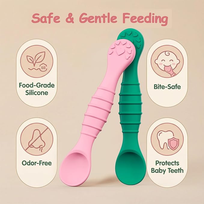 5 Pack Baby Spoons First Stage Feeding - Soft Silicone Self Feeding Training Utensils for Infant & Toddler - BPA Free BLW Weaning Supplies with Choke Guard - Dishwasher Safe Gentle on Gums