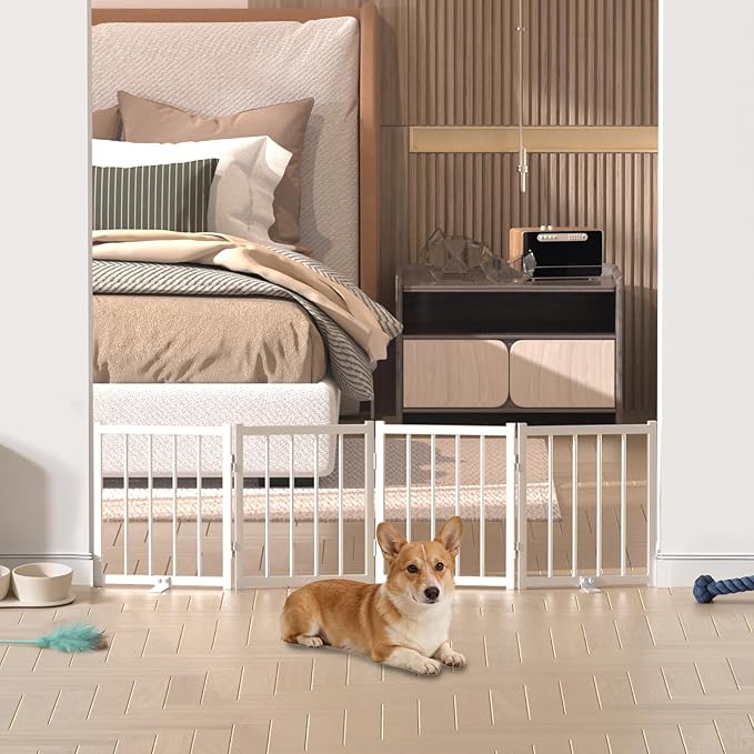 Snuowu 16" Freestanding Short Dog Gate for Small Dogs – Foldable & Retractable, Expands Up to 48" Wide, 4-Panel Pet Barrier for Doorways, Stairs & Hallways (White)