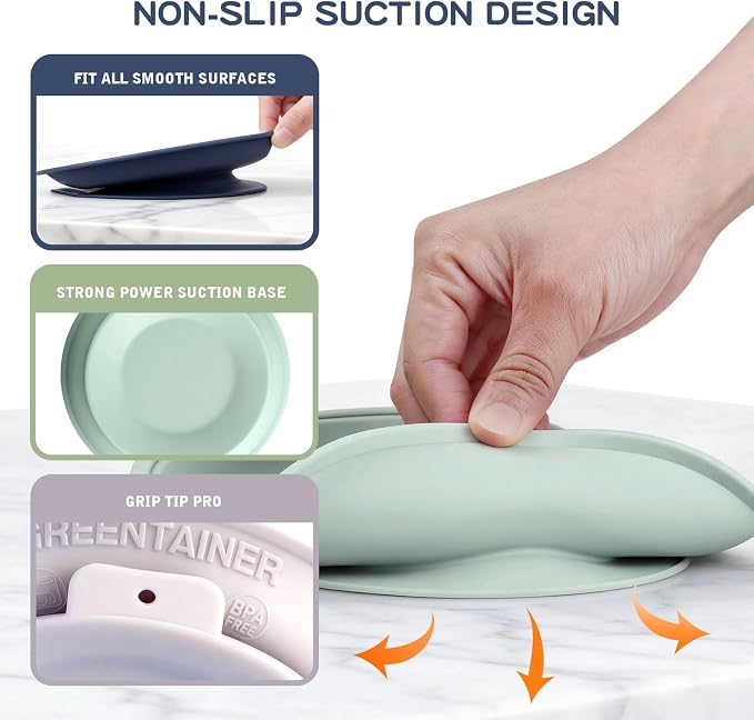 Greentainer 3 Pack Stainless Steel Baby Suction Plates, Divided Toddler Plates with Removable Silicone Sleeves, Unbreakable Kids Dishes for Dinner & Snack, Non-Toxic, Dishwasher Safe