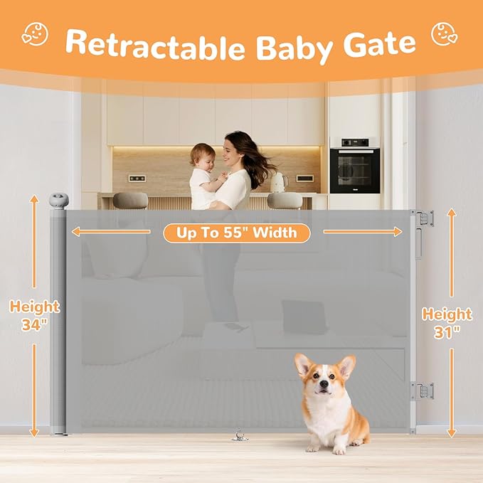 Retractable Baby Gate for Stairs & Doorways, Mesh Safety Gate for Child & Dogs, Child Gate with Door, 34" Tall, Extends Up to 55" Wide Baby Proofing for Home (Gray)