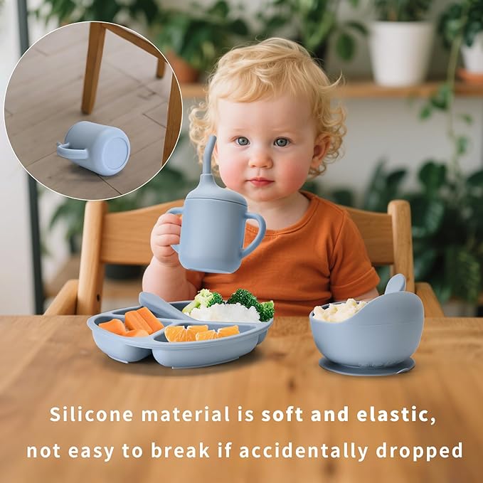 Baby Silicone Feeding Set, Baby Weaning Set, Baby Essentials, Includes Baby Spoons, Baby Bibs, Suction Plates for Babyï¼?Baby Bowls, Food Grade Silicone, BPA Free (A-1)