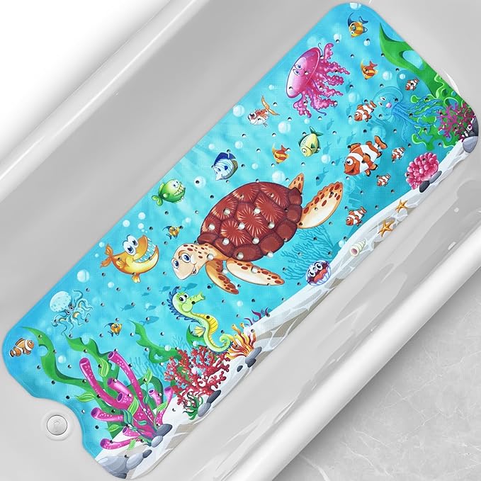 Linoows Baby Bath Tub Mat, 40 x 16 Inch Extra Large Non Slip Kids Cartoon Bathtub Shower Mats with Suction Cups & Drain Holes, Machine Washable for Bathroom, Undersea Sea Turtle