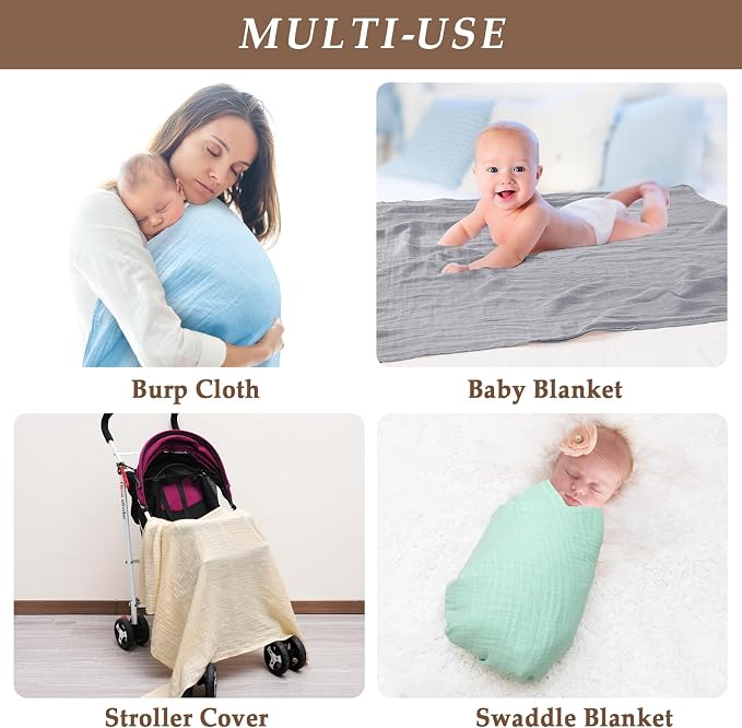 david's kids 4 Pack Baby Muslin Swaddle Blankets 47" x 47", 100% Cotton Swaddling Blankets Wrap for Boys Girls, Ultra Soft Breathable Receiving Blanket, New Born Essentials, Green&Grey&Blue&Beige
