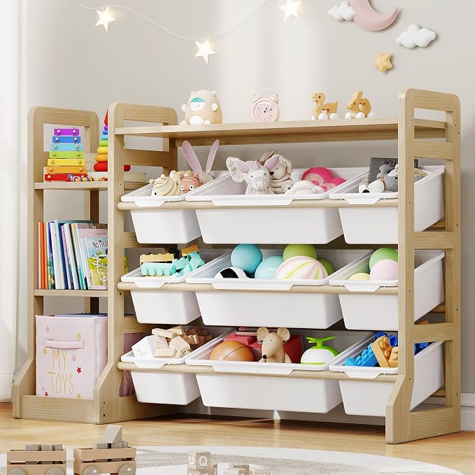 Kids Toy Storage Organizer with Bookshelf, Wooden Toy Shelf with 3 Open Shelves and 9 Removable Bins, Extended Base Sturdy Storage Cabinet for Playroom, Kids Room, Nursery Organization
