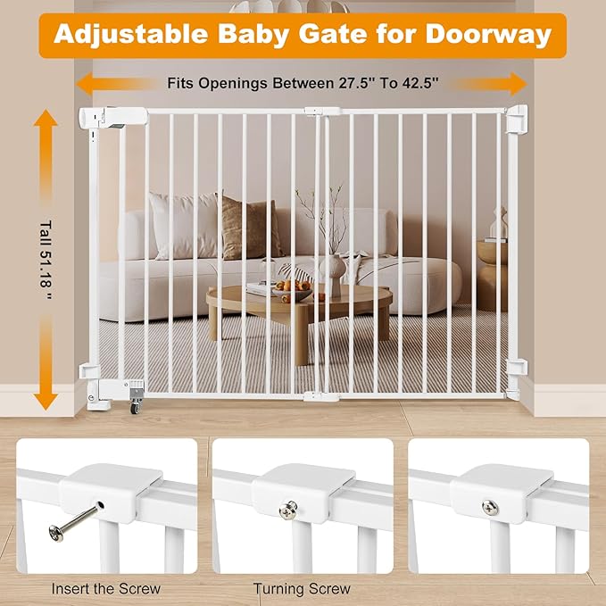 SHYUJAJIE No Bottom Bar Baby Gate, 51.18 inch Tall Cat Pet Gate for Doorway, Adjustable 27.5in- 43 in Dog Gate with Large Walk Thru Door (White, 51.18inch)