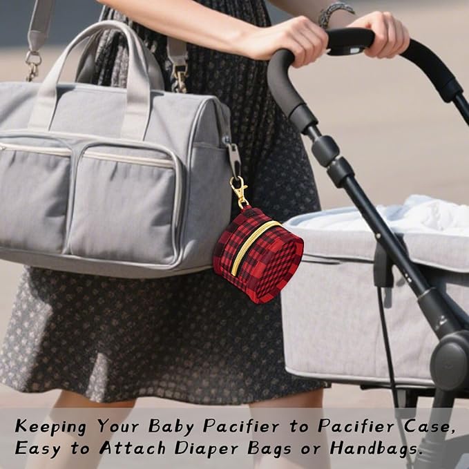 Pacifier Holder with Clip Pacifier Case for Diaper Bag Round Baby Pacifier Pouch Box Bag Portable Red and Black Buffalo Plaid