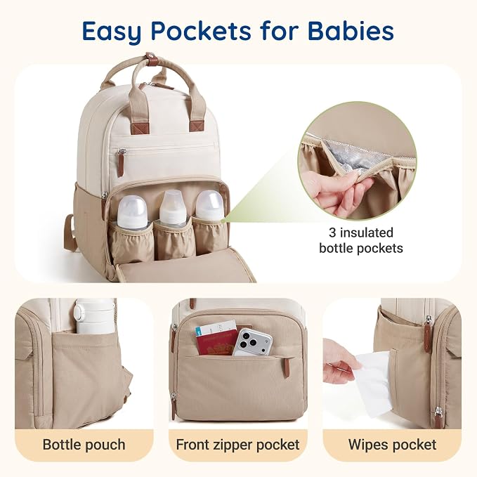 mommore Diaper Bag, Large Baby Diaper Bag with Quick-access Insulated Pockets, Changing Pad, Functional Travel Backpack with Luggage Strap, Stroller Straps