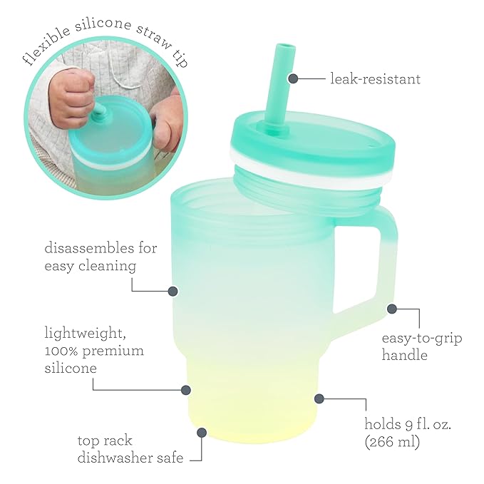 Infantino My 1st Tumbler, 9 Oz. Silicone Sippy Cup with Straw & Handle, Spill-Resistant Baby Cup for On-the-Go, BPA-Free Transition Bottle, Lime Light