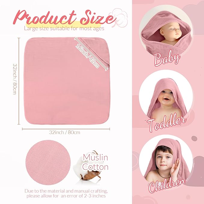 Preboun 6 Pcs Muslin Hooded Baby Towels and Washcloths 32"x 32" Cotton Newborn Bath Towel Anti-Shrink Infant Baby Blankets with Hood 12"x 12" Washcloths for Girl Boy Toddler(Pink,Dark Pink)