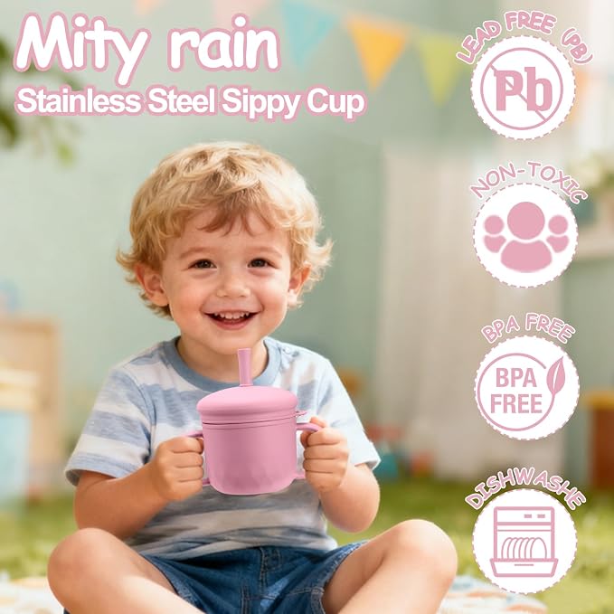 Mity rain 3-In-1 Stainless Steel Sippy Cup for 6+ Month Old, Baby Straw Cups for Toddlers 1-3 with Travel Lid, Silicone Straw, Replacement Straw & Cleaning Brush - 8oz Toddler Cups Spill Proof Set