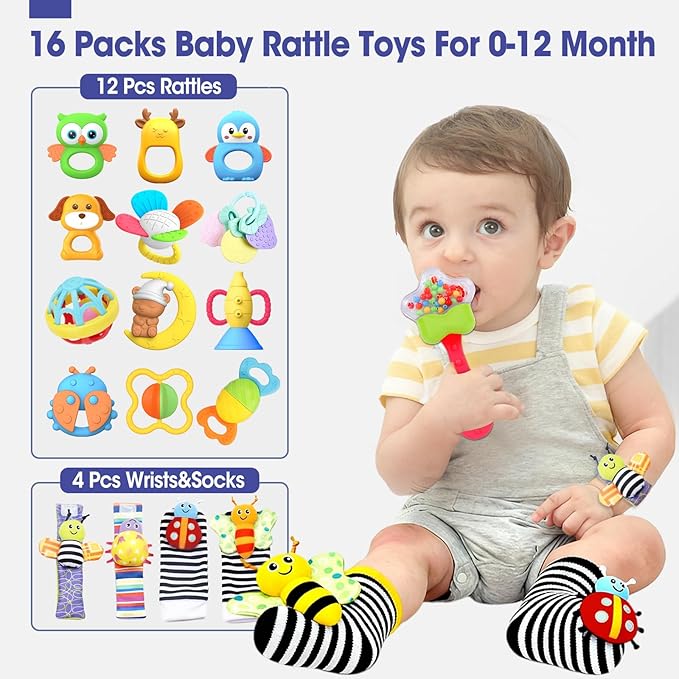 AZEN 16 Pack Baby Rattles Teething Toys 3-6 Months, Baby Toys 0-6 Months, Newborn Infant Toys 6-12 Months, Essentials Must Haves Wrist Socks Toddler Stocking Stuffers Christmas Gifts