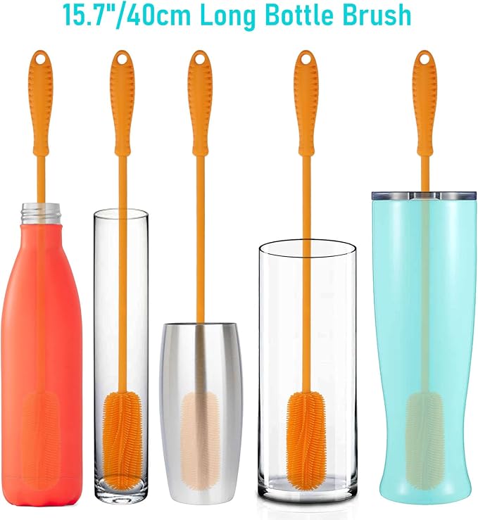15.7" Silicone Bottle Brush, ddLUCK Water Bottle Cleaner Brush for Stanley, Hydroflasks, Glass, Thermos Sports Bottle, Vase and Glassware, Bottle Brush Cleaner for Narrow Neck Containers (Orange)