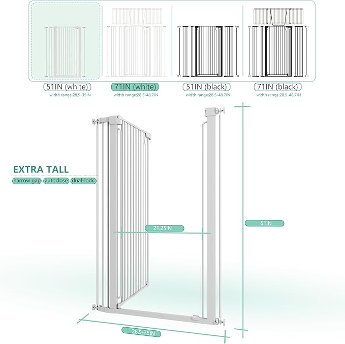 51" Extra Tall Cat Gate 28.5"-35" Wide, Auto Close, Pressure Mounted, for Cats & Small Dogs, Hallway, Stairs, Kitchen,Pet Gate,White